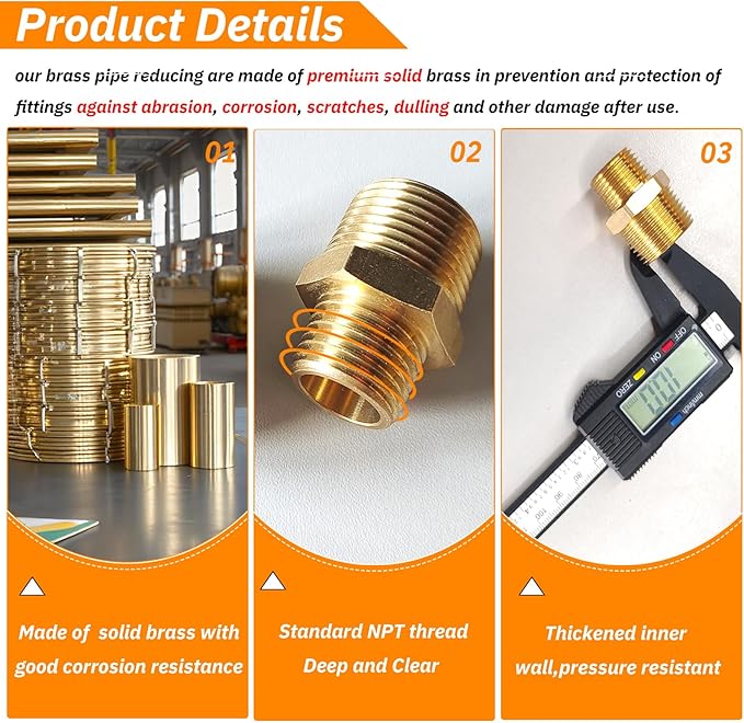 2pcs 3/4" NPT x 1/2" NPT Brass Nipple, 3/4 to 1/2 Adapter Fitting Reducing Solid Hex Nipple, Brass 3/4 Male to 3/2 Male Reducer Pipe Fittings for Extending and Connecting Pipes