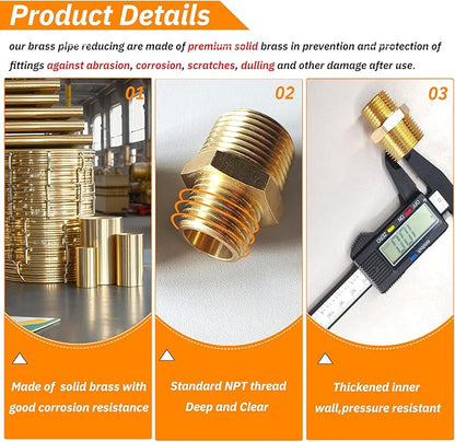 2pcs 3/4" NPT x 1/2" NPT Brass Nipple, 3/4 to 1/2 Adapter Fitting Reducing Solid Hex Nipple, Brass 3/4 Male to 3/2 Male Reducer Pipe Fittings for Extending and Connecting Pipes