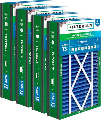 Filterbuy 16x25x5 Air Filter MERV 13 Optimal Smoke & Allergy Defense (4-Pack), Electrostatic Pleated HVAC AC Furnace Filters for Trion Air Bear 255649-105 and More (Actual Size: 15.63 x 24.13 x 4.88)