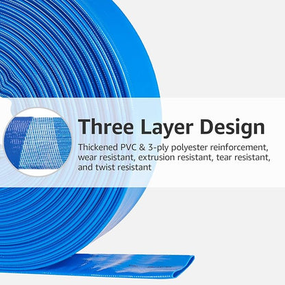 1.5" x 100 FT Pool Backwash Hose, Heavy Duty PVC Discharge Hose, Lay Flat Discharge Hose with 2 Clamps, Pool Drain Hoses for Inground Pools, Pool Filter, Weather and Burst Resistant, 6 Bar