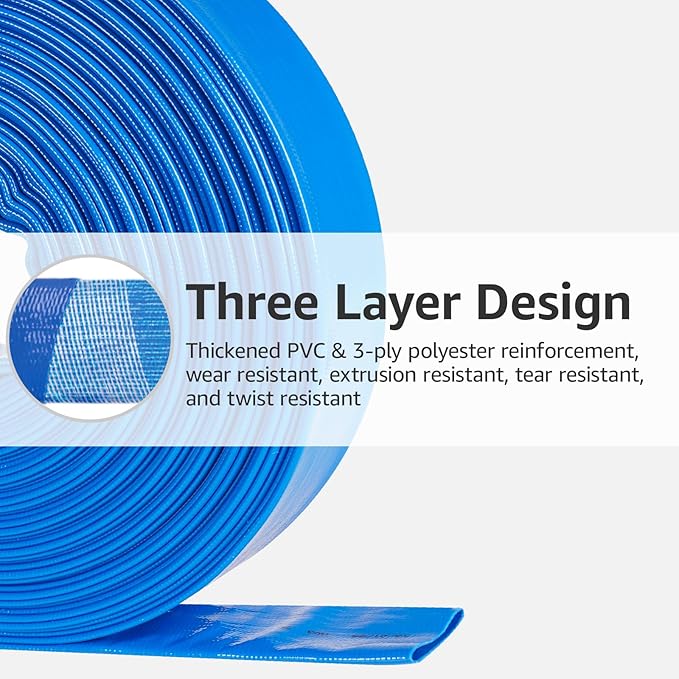 1.25" x 100 FT Pool Backwash Hose, Heavy Duty PVC Discharge Hose, Lay Flat Discharge Hose with 2 Clamps, Pool Drain Hoses for Inground Pools, Pool Filter, Weather and Burst Resistant, 6 Bar