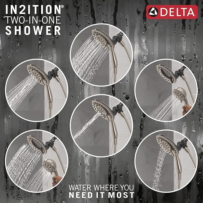 Delta 4-Setting In2ition 2-in-1 Dual Shower Head with Clarifi Standard Shower Filter Attachment, Brushed Nickel Shower Head with Filter, SpotShield Brushed Nickel 7SF110BSN