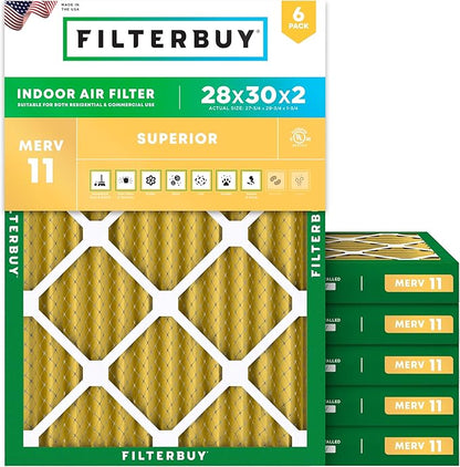 Filterbuy 28x30x2 Air Filter MERV 11 Superior Pet & Allergy Defense (6-Pack), Electrostatic Pleated HVAC AC Furnace Filters Replacement, Made in USA (Actual Size: 27.75 x 29.75 x 1.75)