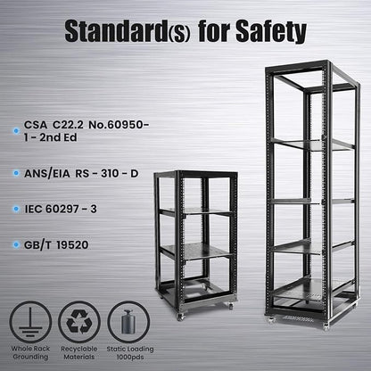 Raising Electronics Server Rack Open Frame Rack 4 Post 19 inch Adjustable Server/Audio Rack Cold Rolled Steel(42U,17Depth)