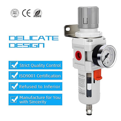 NANPU 3/4" NPT Compressed Air Filter Regulator Combo Piggyback, 5 Micron Brass Element, Poly Bowl, Semi-Auto Drain, Metal Bracket, 0-150 psi Gauge