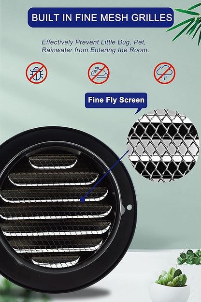6 Inch Round Air Vent Cover,LouanXpert Stainless Steel Black Soffit Vent Cover Louvered Grille Wall Vent with Built-in Fine Mesh for Garage,House, Flat, Garage (150mm - 2PCS)