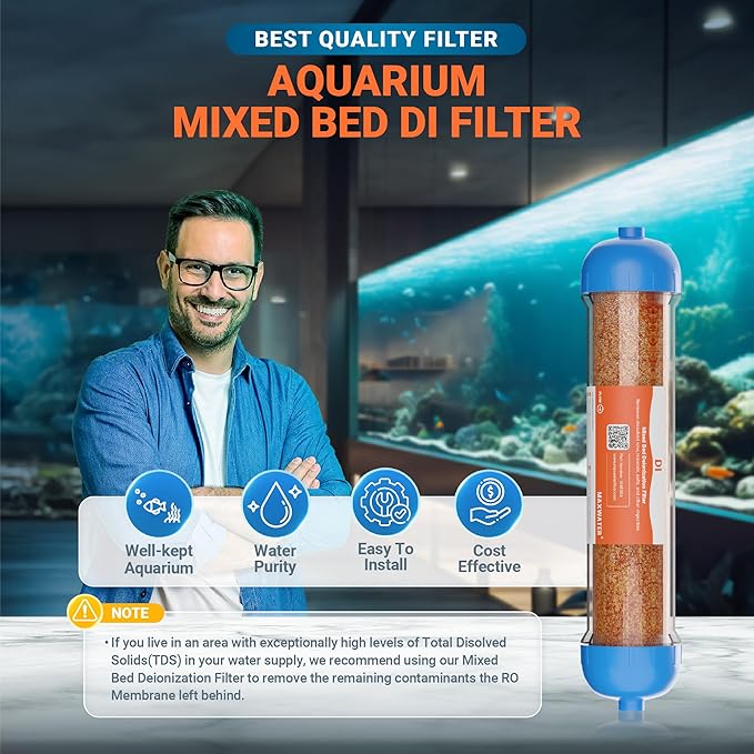 (3 Pack) Mixed Bed Ion Exchange Aquarium Filter Resin 0 PPM RO DI Refillable Housing w/Clamps & Fittings, Compatible with 10" Reverse Osmosis Water Filtration Systems, for High TDS in Water