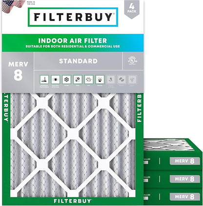 Filterbuy 18x25x2 Air Filter MERV 8 Essential Dust & Allergy Defense (4-Pack), Electrostatic Pleated HVAC AC Furnace Filters Replacement, Made in USA (Actual Size: 17.50 x 24.50 x 1.75)