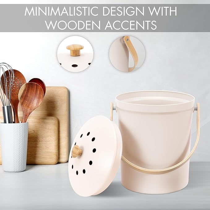 Beautiful Kitchen Compost Bin with Smell Proof Lid - Rust Proof and Odorless Compost Bucket for Your Countertop with No Smell Filters - Easy to Clean 1.1 Gallon Bin Looks Great On Any Kitchen Counter