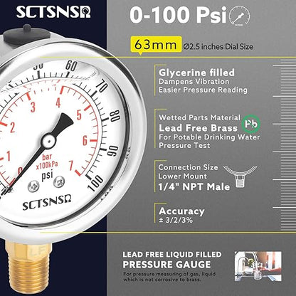 2-1/2" Dial Size, 0-100 Psi Lead-Free Pressure Gauge, Glycerin Liquid Filled, 1/4" NPT Lower Mount, Stainless Steel Case, for Water Pump, Pneumatic Air, Well Tank, RV Hose, Gas, Pressure Test