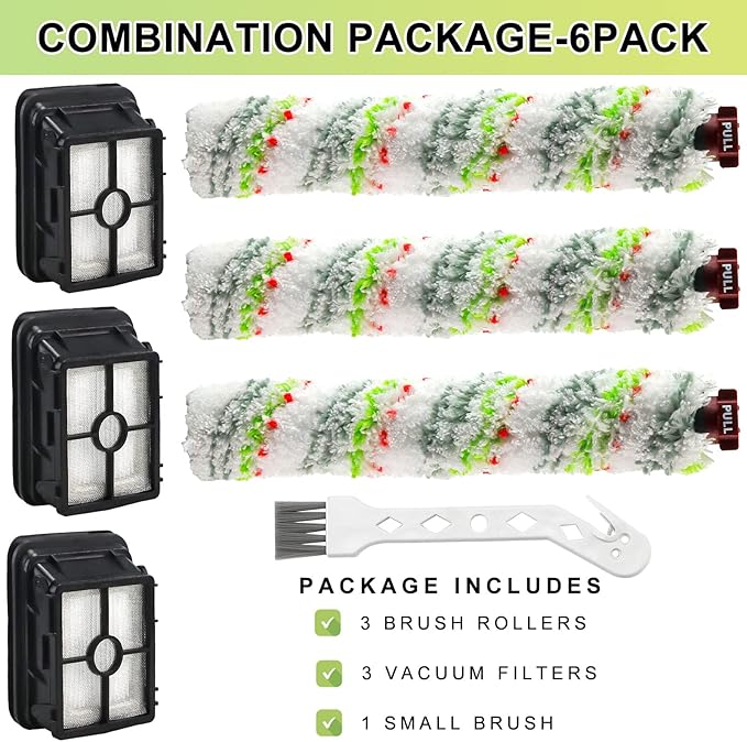 Crosswave Brush Roll Replacement and 1866 Replacement Filters for Bissel CrossWave 2306A CrossWave 1785 Series Vacuum (3 Pack 2460 Multi-Surface Brush Rolls & 3 Pack 1866 Vacuum Filters)
