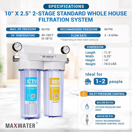 Max Water 2 Stage (Sediment, Odor & Improving Taste) Whole House 10 inch, Standard Water Filtration System with Pressure Gauge - Clear Housing - Sediment + CTO - ¾ Inlet/Outlet