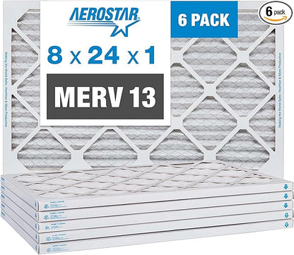 Aerostar 8x24x1 MERV 13 Pleated Air Filter, AC Furnace Air Filter, 6 Pack (Actual Size: 8" x 24" x 1")