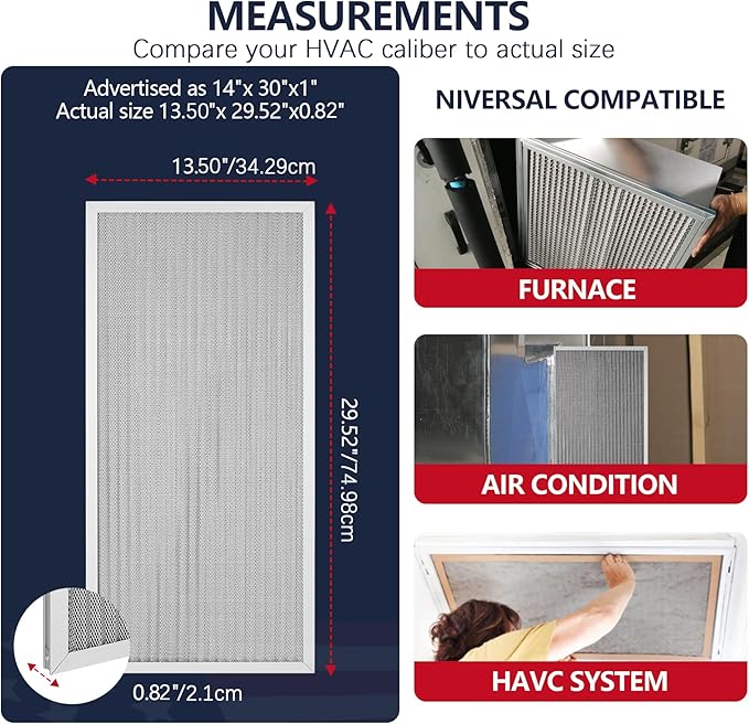 14x30x1 Electrostatic Air Filter, MERV 8 Reusable Aluminum AC/HVAC Furnace Filter, Lifetime Washable Permanent Air Filter, Easy to Clean, Increases Airflow(Actual Size:13.50x29.52x0.82)