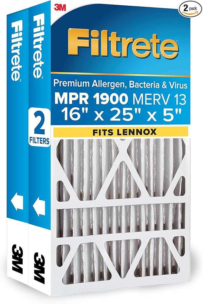 Filtrete 16x25x5 (SlimFit) AC Furnace Air Filter, MERV 13, MPR 1900, Premium Allergen, Bacteria & Virus, Electrostatic Air Cleaning Filter, 2-Pack (Actual Size 15.63x24.74x4.31 in)