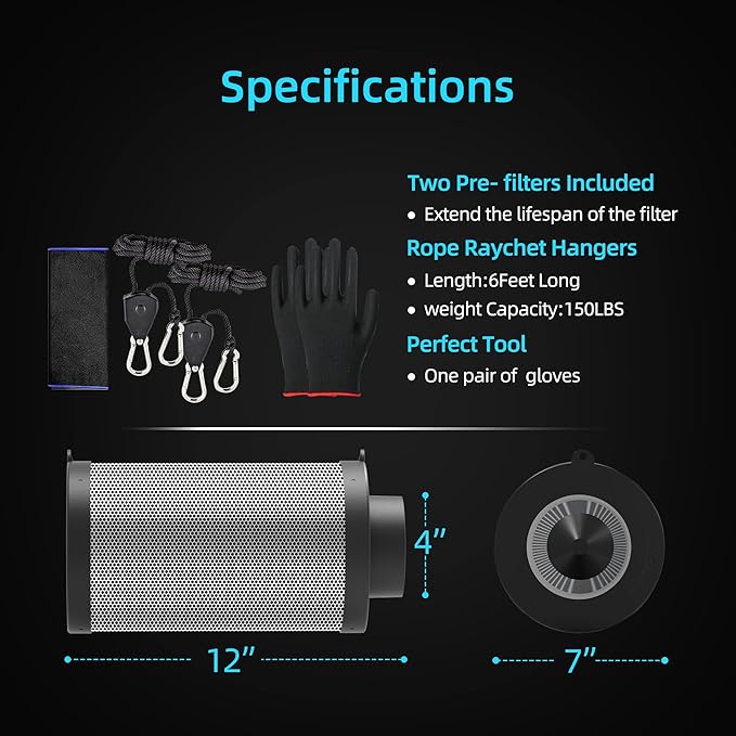 4 Inch Air Carbon Filter for Grow Tent,Smellines Control with Australia Virgin Charcoal for Inline Duct Fan，Hydroponic Growth,Pre-Filter Included