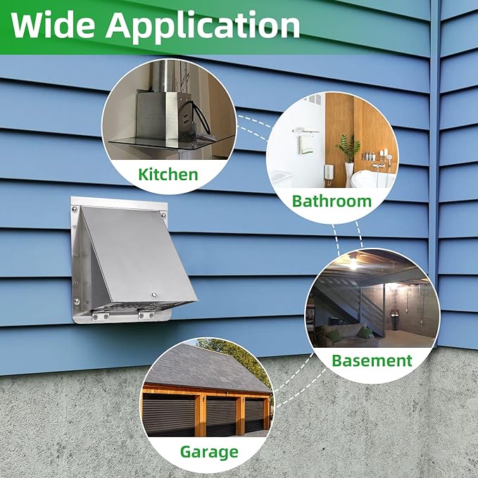 10 Inch Wall Vent Exhaust Vent Cover,Hooded Wall Vent with Screen and Damper,Outdoor Wall Exhaust Vent Cap Exterior Air Vent Cover for Kitchen Range Hood HVAC Duct Dryer Ventilation, Stainless Steel