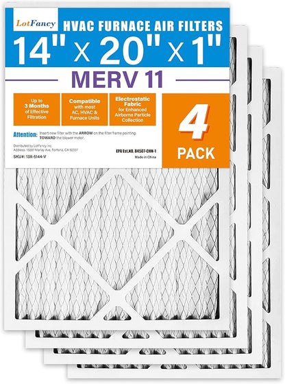 LotFancy 14x20x1 Air Filter MERV 11 4-Pack, Electrostatic Pleated AC Furnace Air Filter, Captures Dust, Smog & Pet Dander, Actual Size: 13.75"x19.75"x0.75"