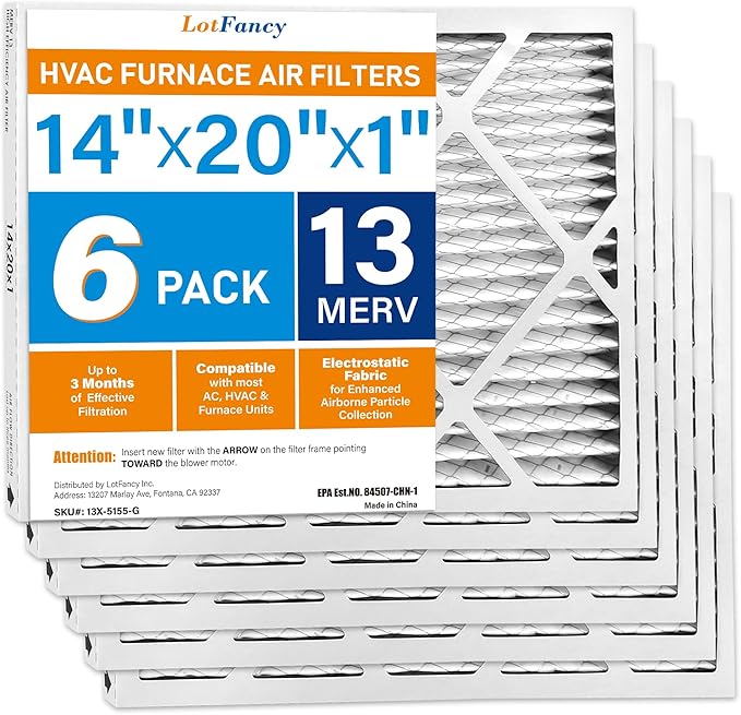 LotFancy 14x20x1 Air Filter MERV 13 6-Pack, Electrostatic Pleated HVAC Furnace Air Filter, Captures Pet Dander Smog Smoke, Actual Size: 13.75"x19.75"x0.75"