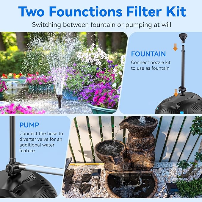 POPOSOAP 70W Solar Pond Filter with Fountain Pump, Solar Powered Water Pump with 580GPH Pond Filter for Outdoor Ponds, Adjustable Diverter Valve for Koi Ponds, Waterfalls, Garden Water Features