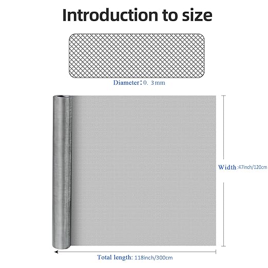 20 Mesh 304 Stainless Steel Mesh Screen, 47''×118''（120cm×300cm） Wire Screen Mesh, Rust Free Woven Wire Mesh, Metal Mesh Screen for Air Vents, Window Screen, Filters, Cage,Garden Covers