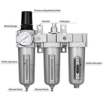 NANPU 3/4" NPT Industrial Grade 3 Stage Air Drying System - Particulate Filter, Coalescing Filter, Desiccant Dryer & Air Regulator, Metal Bowl, Manual Drain, Suitable for Paint Spray＆ Plasma Cutter