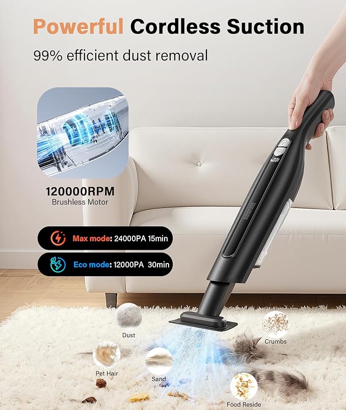 Handheld Vacuum Cordless,24KPA High Power Car Vacuum with Brushless Motor,LED Light,Charging Dock,Rechargeable Hand Held Vacuum Cleaner with Reusable Filter for Car,Home,Office,Pet Pair,Bk