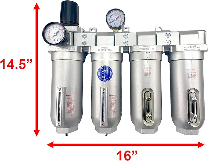 4 STAGE SUPER DUTY INDUSTRIAL GRADE ULTRA CLEAN FILTER REGULATOR COALESCING DESICCANT DRYER SYSTEM FOR COMPRESSED AIR LINES METAL BOWLS GREAT FOR PAINT SPRAY AND PLASMA CUTTER (3/4"NPT MANUAL DRAIN)