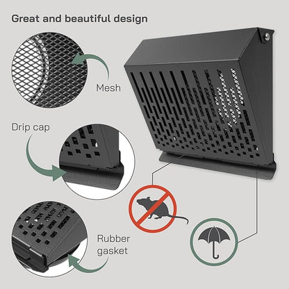 Vent Systems 4" Inch Exhaust Vent Cover with Rubber Gasket - Graphite Black Galvanized Steel - Robust Weatherproof Outdoor Air Exhaust Box - Duct or Surface Mounting - Rain and Snow Protection