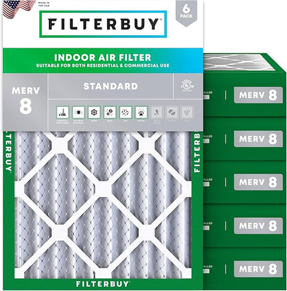 Filterbuy 18x20x4 Air Filter MERV 8 Essential Dust & Allergy Defense (6-Pack), Electrostatic Pleated HVAC AC Furnace Filters Replacement, Made in USA (Actual Size: 17.50 x 19.50 x 3.63)
