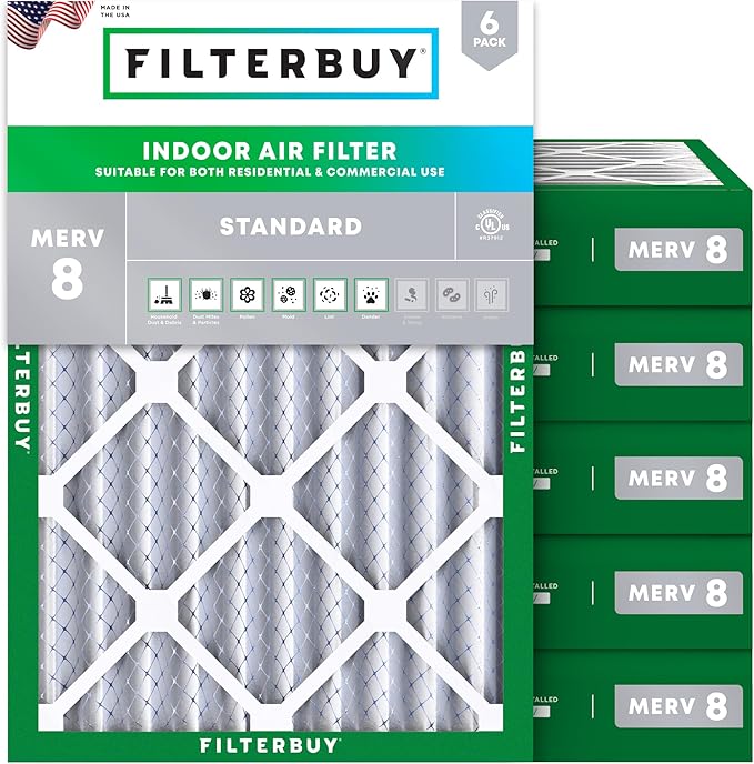 Filterbuy 17x20x4 Air Filter MERV 8 Essential Dust & Allergy Defense (6-Pack), Electrostatic Pleated HVAC AC Furnace Filters Replacement, Made in USA (Actual Size: 16.50 x 19.50 x 3.63)