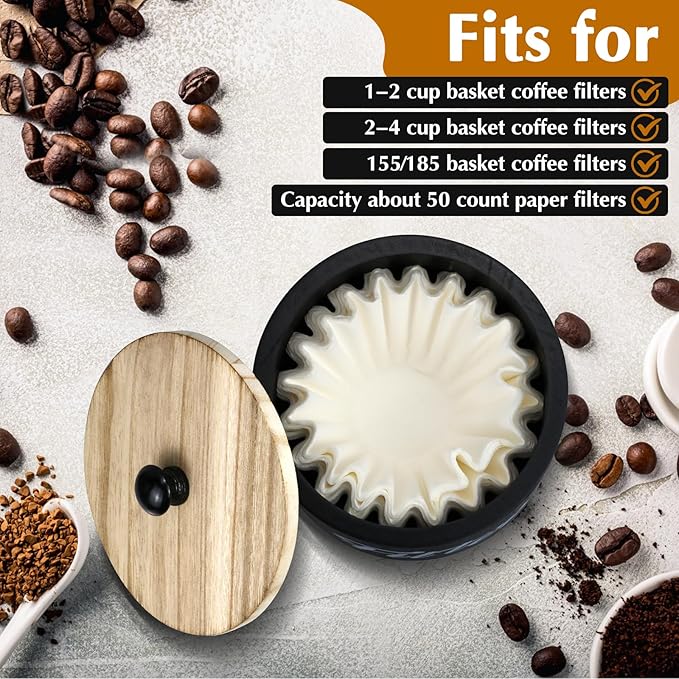 Wooden Coffee Filter Holder with Lid, Basket Coffee Filter Storage Container for Counter, Rustic Farmhouse Café Bar Decor, 50 Count Capacity (Black)