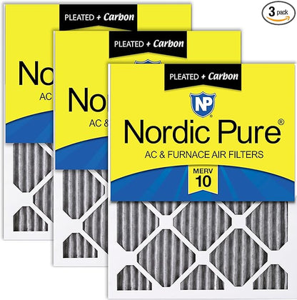 Nordic Pure 16x30x1 (Actual Size: 15 3/4 x 29 11/16 x 3/4) Furnace Air Filters MERV 10 Pleated Plus Carbon 3 Pack