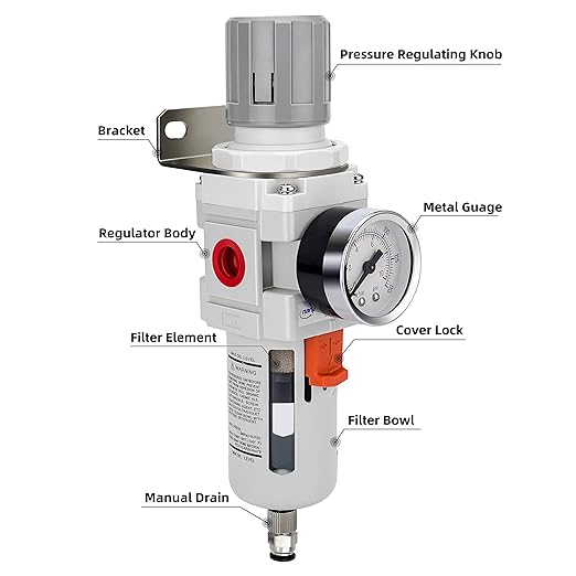 NANPU 3/4" NPT Compressed Air Filter Regulator Combo Piggyback, 5 Micron Brass Element, Poly Bowl, Semi-Auto Drain, Metal Bracket, 0-150 psi Gauge