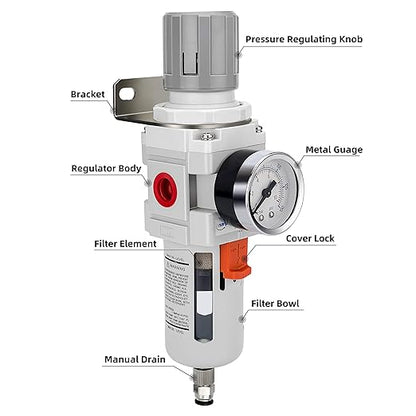 NANPU 3/4" NPT Compressed Air Filter Regulator Combo Piggyback, 5 Micron Brass Element, Poly Bowl, Semi-Auto Drain, Metal Bracket, 0-150 psi Gauge
