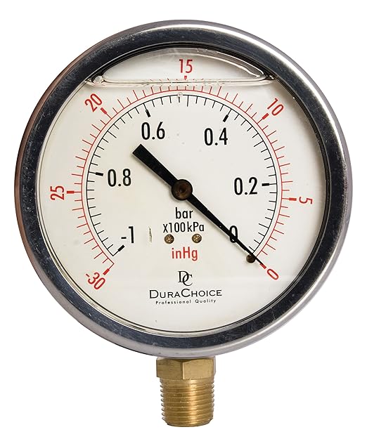 4" Oil Filled Vacuum Pressure Gauge - Stainless Steel Case, Brass, 1/2" NPT, Lower Mount Connection, 30HG/0PSI