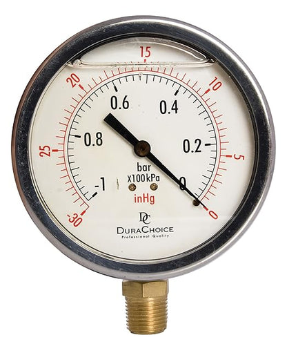 4" Oil Filled Vacuum Pressure Gauge - Stainless Steel Case, Brass, 1/2" NPT, Lower Mount Connection, 30HG/0PSI