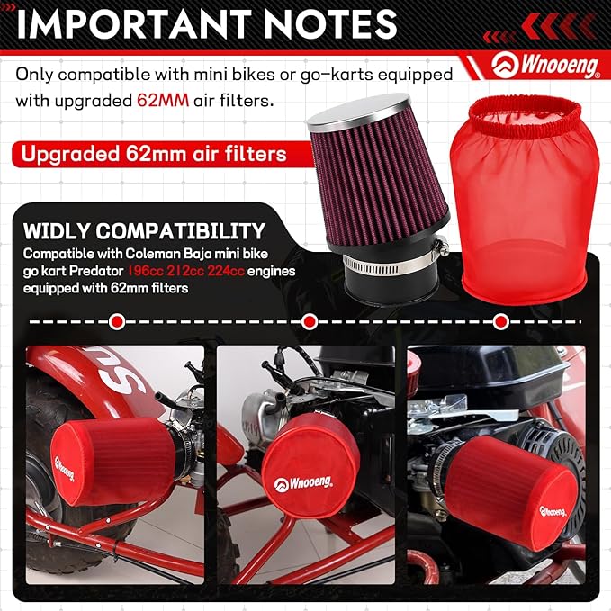 62mm Mini Bike Air Filter Cover for Predator 212cc 196cc 224cc 99cc Coleman CT200U CT200U-EX BT200X B200R B200 KT196 CT100U CC100X Baja MB165 MB200 DB30 Mini Bike Go Kart Parts (Red)
