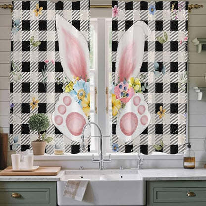 Easter Window Curtains 63 Inch Long 2 Panel Set, Rod Pocket Bedroom Curtains & Drapes, Spring Rabbits Ears Feet Wildflowers Black Plaid Light Filtering Window Treatment for Living Room 42"W x 63"L
