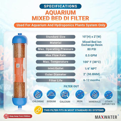 10" Refillable Mixed Bed Ion Exchange Aquarium Filter for High TDS Water, RO DI Resin Refillable Housing with Clamps &Fittings, Compatible with 10" Aquarium Reverse Osmosis Water Filtration Systems