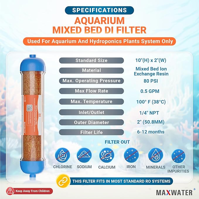 (3 Pack) Mixed Bed Ion Exchange Aquarium Filter Resin 0 PPM RO DI Refillable Housing w/Clamps & Fittings, Compatible with 10" Reverse Osmosis Water Filtration Systems, for High TDS in Water