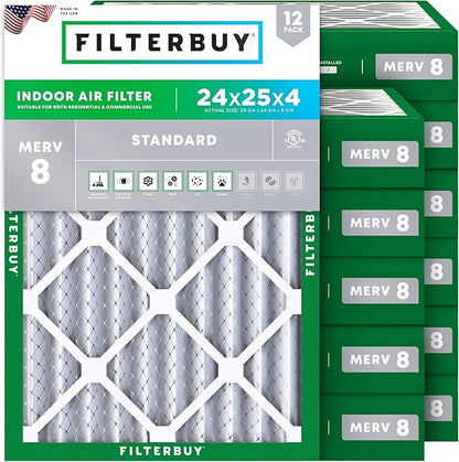 Filterbuy 24x25x4 Air Filter MERV 8 Essential Dust & Allergy Defense (12-Pack), Electrostatic Pleated HVAC AC Furnace Filters Replacement, Made in USA (Actual Size: 23.75 x 24.75 x 3.63)