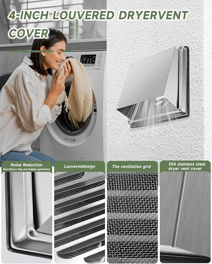 Upgraded 4" Stainless Steel 304 Dryer Vent Cover Outdoor - Rubber Cushioned Non-Return Flap (Noise Reduction) Air Vent with Built-in Fly Screen & 6 Screws for Bathroom Exhaust Vent Office Home
