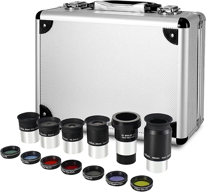 Telescope Accessory Kit - 1.25" Telescope Eyepiece and Filter Set with a Sturdy Carry Case - Five Plossl Eyepieces, 2X Barlow Lens and Seven Filters
