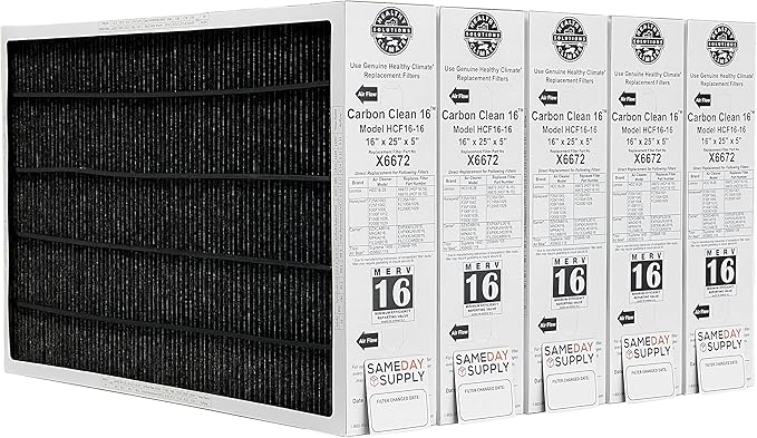 Lennox Healthy Climate X6672 16x25x5 Healthy Climate Carbon-Clean MERV 16 Filter Bundle with Same Day Supply Filter Change Reminder Magnet (5-Pack)