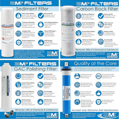 AMI Reverse Osmosis Filter & Membranes Replacement | 1 Year Supply | 100 GPD Membrane with Pre & Post Filter | for 5 Stage Water Filtration Systems (100 GDP Membrane + Filters - 1 Year Supply)…