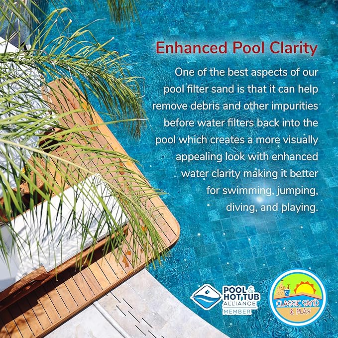 CLASSIC SAND & PLAY Swimming Pool Filter Sand for Above & Inground Pools, 20 lbs, Supports Residential and Commercial Filtration Systems, Premium Efficient Silica, No Clogging or Clumping, #20 Grade