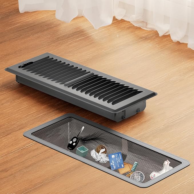 Floor Register 4 x 12 Inch, HG Power 1 Pack Heavy Duty Floor Vent Covers for Home with Screen Net, Adjust Metal Rust Proof Finish Air Vent for Kitchen, Heat, Office(Grey)