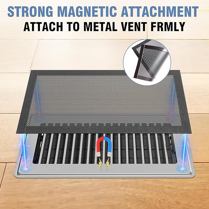 6 Pack Strong Magnetic Floor Vent Cover - PVC Mesh Register for Wall Ceiling Floor Catch Debris Hair Insect (Black, 4 x 8 Inch)