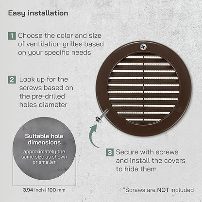 Vent Systems 4" Inch (Opening Dimensions) - Pack of 10 - Brown Soffit Vent Cover - Plastic Round Air Vent Grille - Built-in Mesh Screen - HVAC Register Louver for Bathroom, Home, Kitchen
